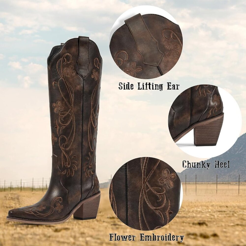 Women's Dark Brown Western Boots with Floral Embroidered Pointed Toe Chunky Heel - Picture 3 of 6